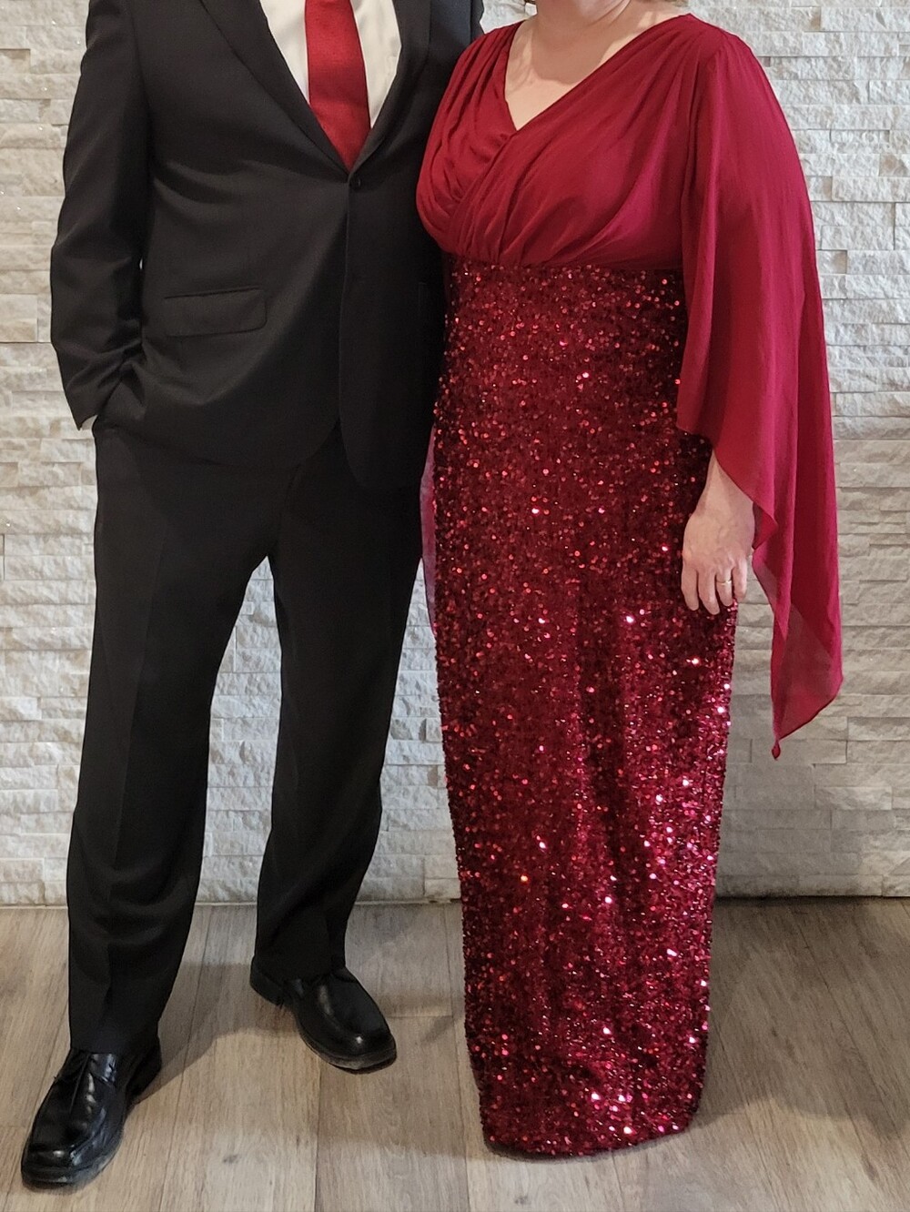 Miss Ord Red Sequin Evening Dress - Sheer Sleeve Full Length Formal Elegant